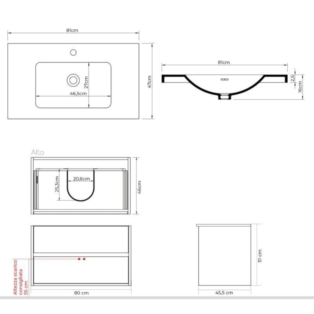 Componibile bagno sospeso ALICE 80 BIANCO LUCIDO