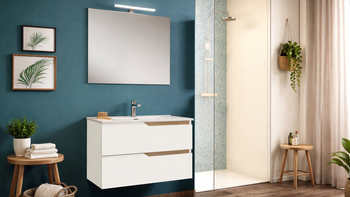 Componibile bagno GRACE 80 Bianco lucido - Quercia naturale