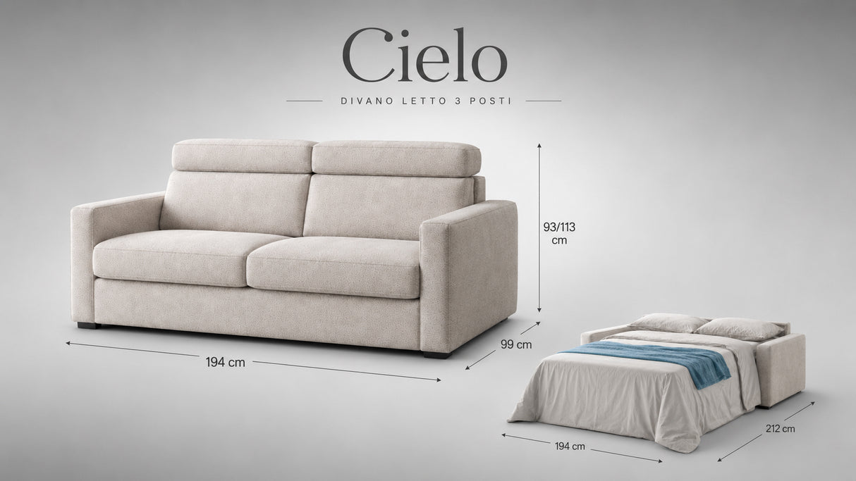 Divano letto mod. cielo 3 posti meccanismo a ribalta POGGIATESTA RECLINABILI e materasso H. 18 cm