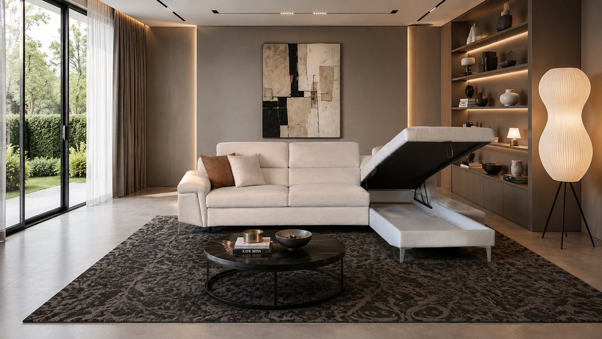 Divano DELPHI chaise longue contenitore carrello letto estraibile