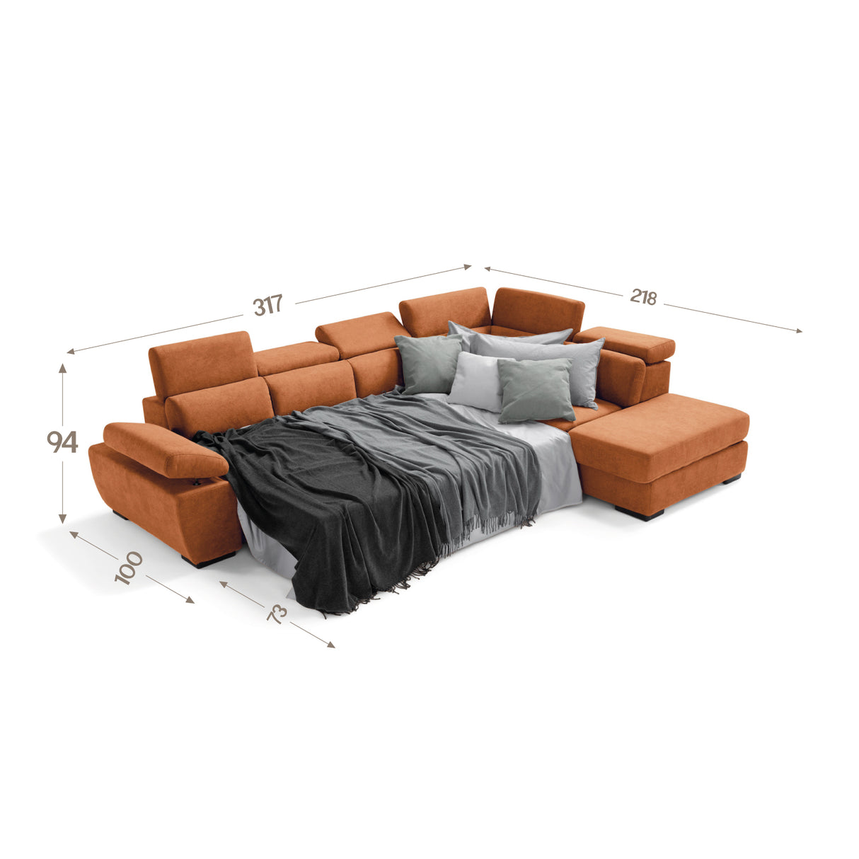 Divano FABIOLA 3 posti max, angolo terminale con pouf contenitore