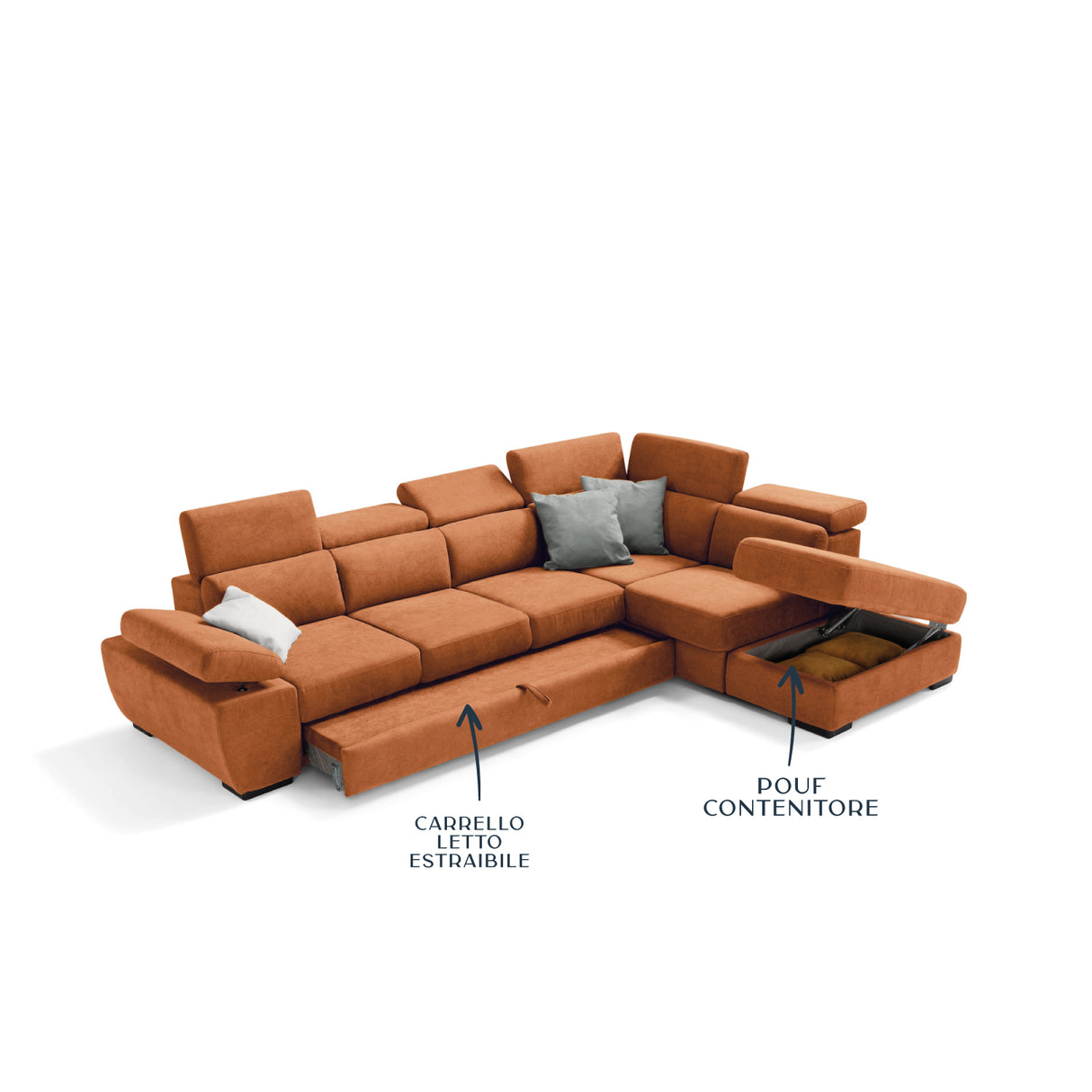 Divano FABIOLA 3 posti max, angolo terminale con pouf contenitore