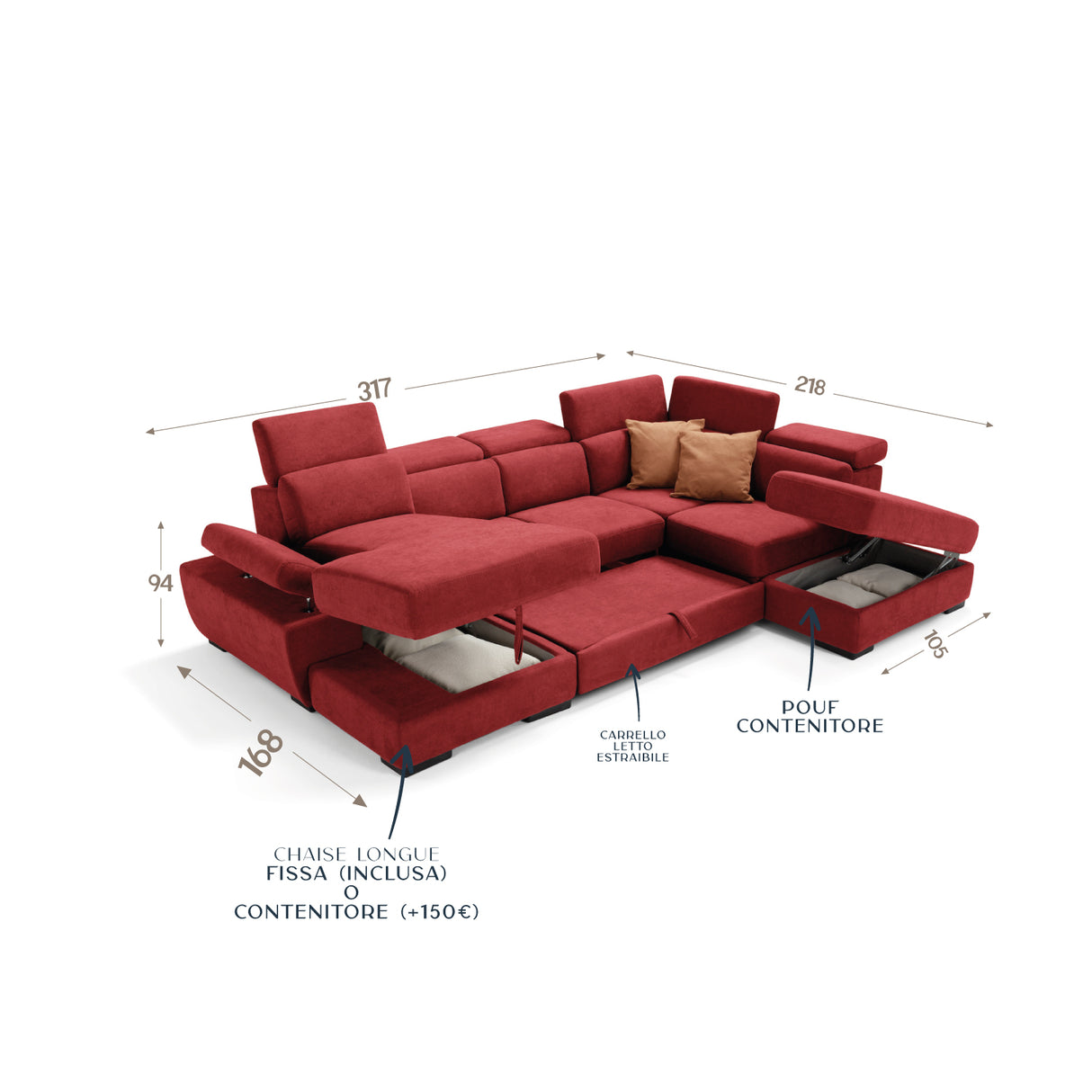 Divano FABIOLA chaise longue 2 posti con angolo terminale e pouf contenitore