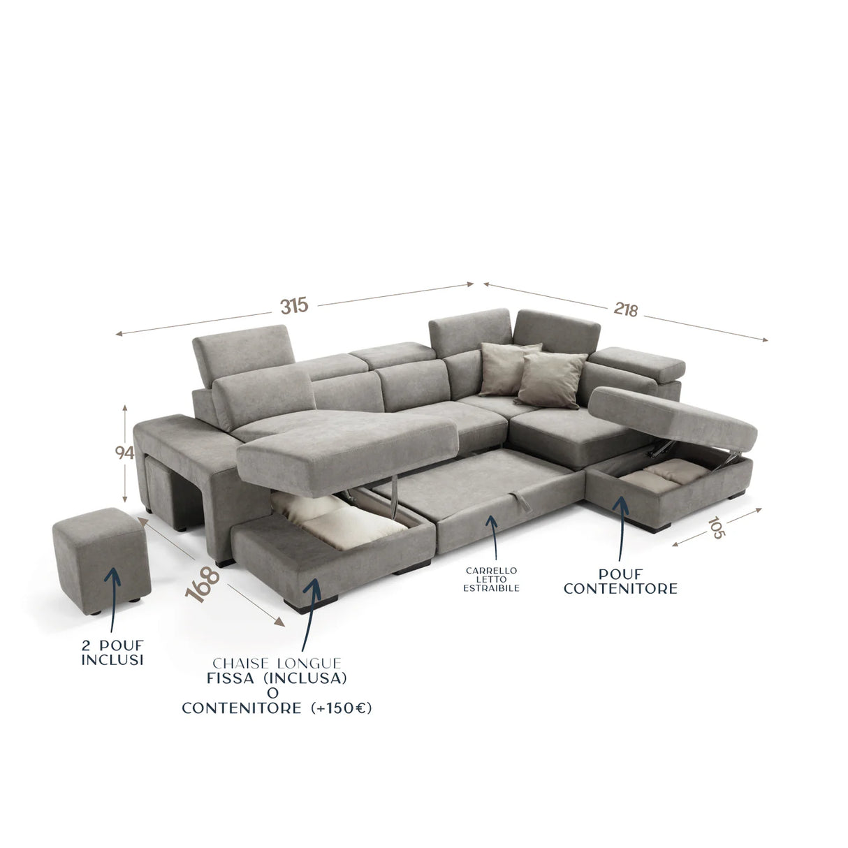 Divano TALENTO chaise longue 2 posti con angolo terminale e pouf contenitore