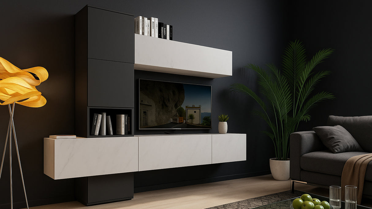 Parete Soggiorno Rodi Effetto Marmo Carrara e Grafite