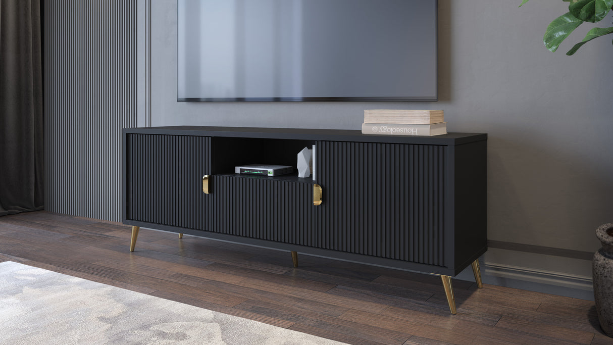 Porta tv 2 ante + 1 cassetto nero opaco e oro LOTUS