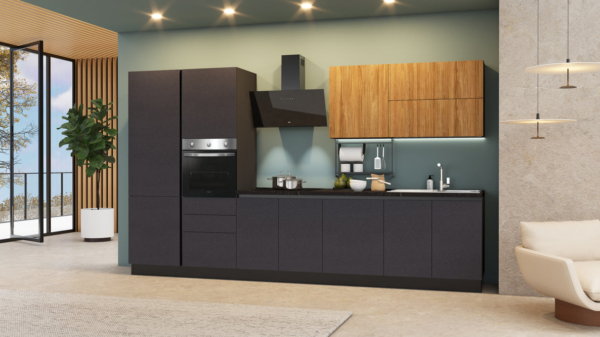 Cucina Sandy 363 cm Promo 25 Acquario Pc Induzione Antracite polvere e Noce naturale
