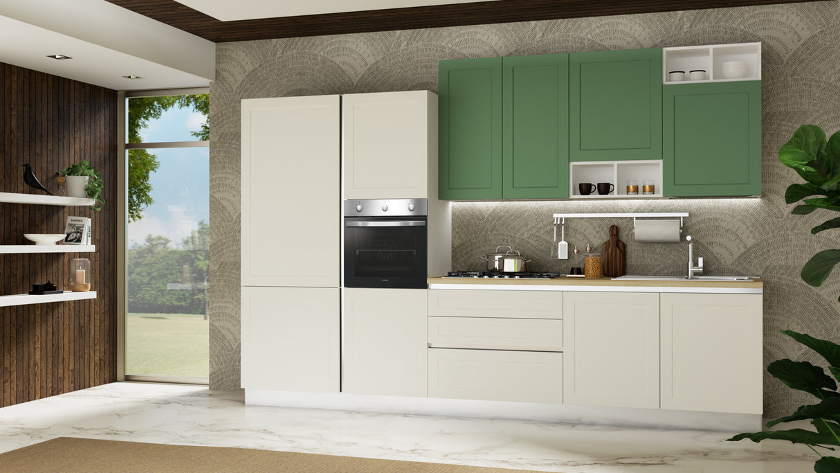 Cucina Dora 348 cm Promo 25 Scorpione con frigo 75 Bianco opaco e Verde opaco