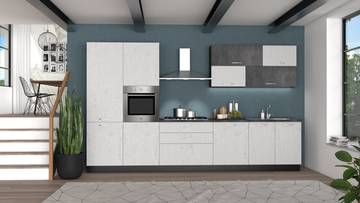 Cucina Kira 360 cm promo 25 Vergine Cemento Bianco e Cemento Ardesia