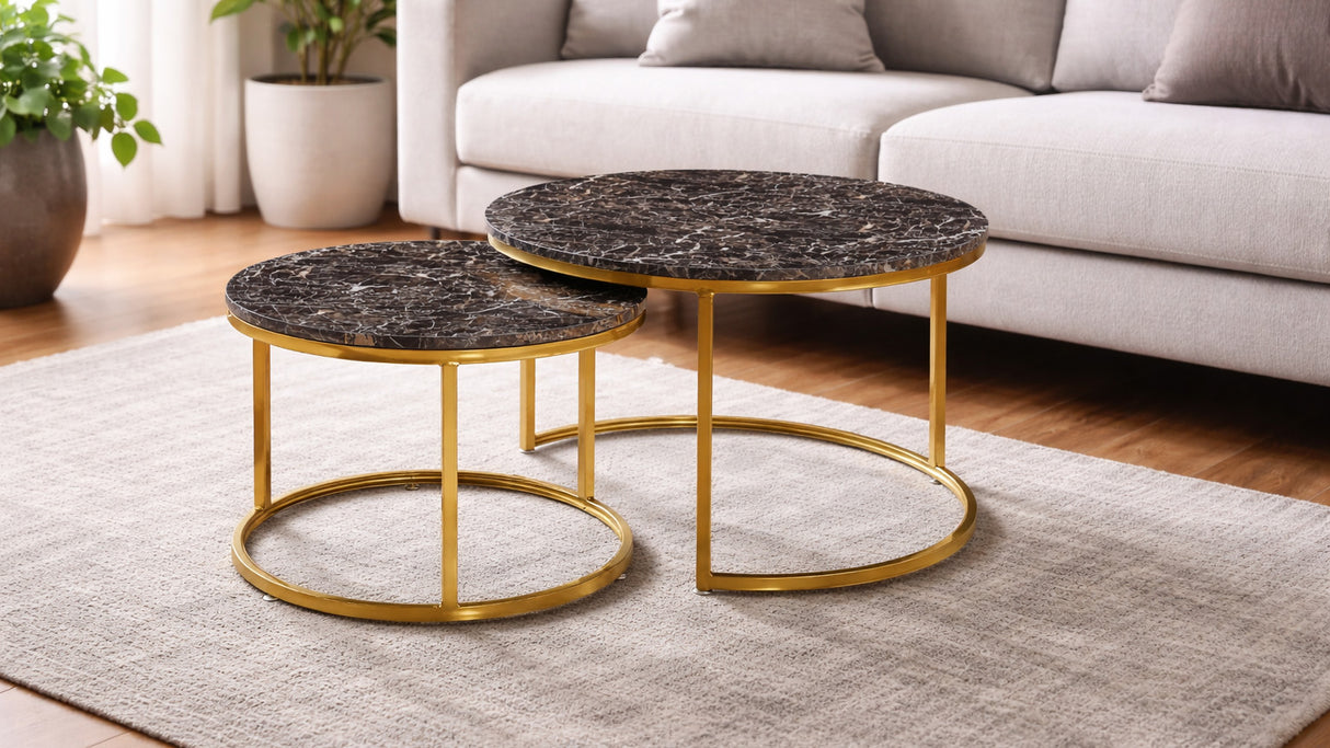 Set 2 tavolini con piano in legno effetto marmo e struttura oro PLEASURE
