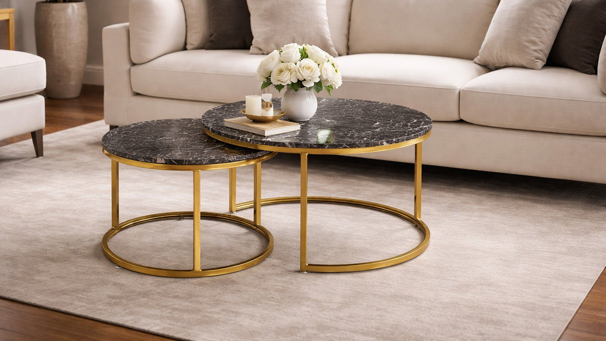 Set 2 tavolini con piano in legno effetto marmo e struttura oro PLEASURE