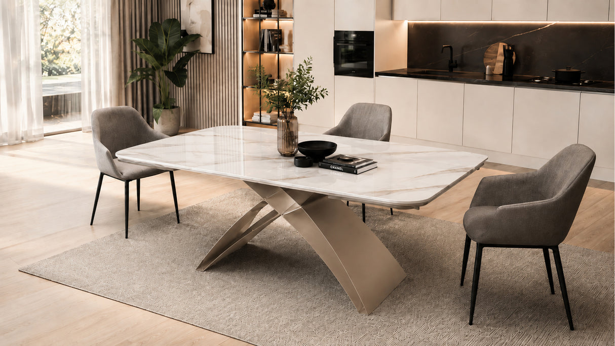 Tavolo ADE Allungabile 180-260 cm – Piano Marmo Bianco e Base Champagne