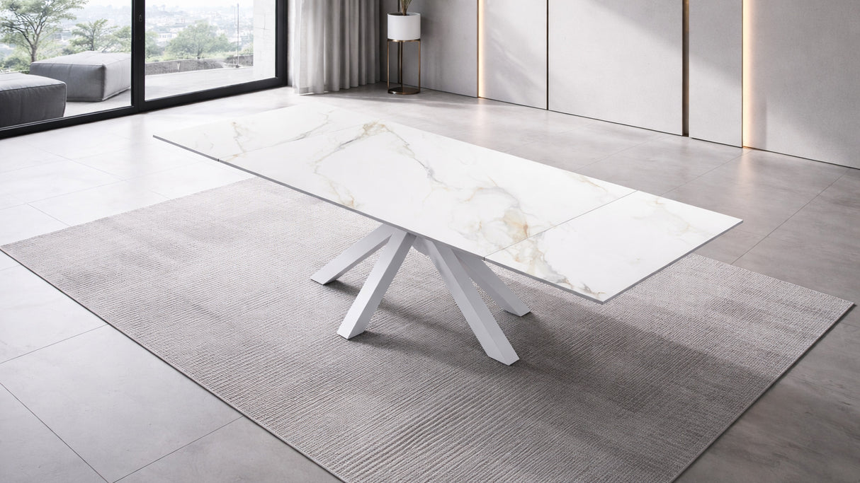 Tavolo Eracle Gamba Bianca Piano Calacatta Gold