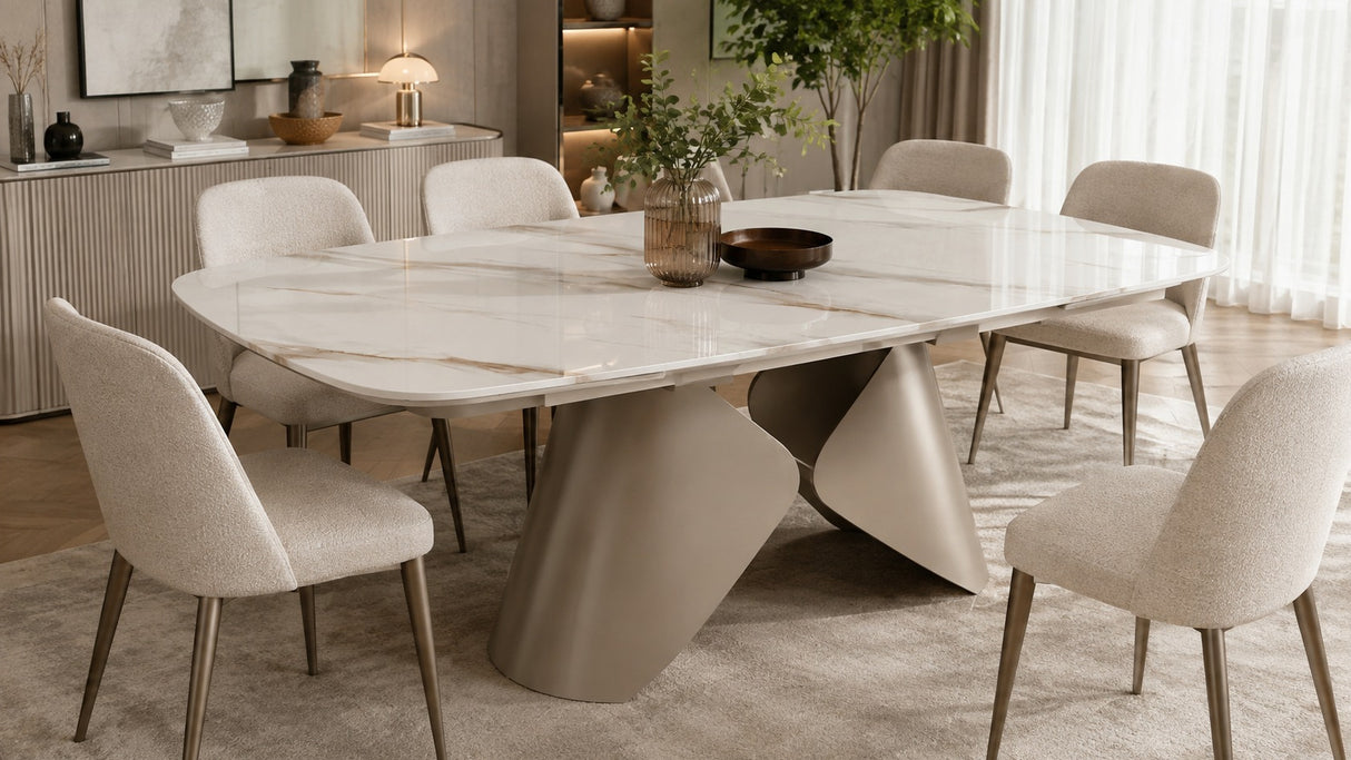 Tavolo Allungabile NETTUNO – Marmo Bianco con Base Champagne 180/260 cm