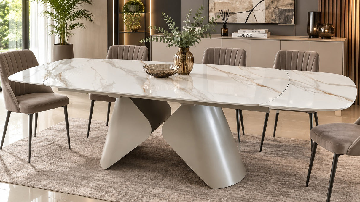 Tavolo Allungabile NETTUNO – Marmo Bianco con Base Champagne 180/260 cm