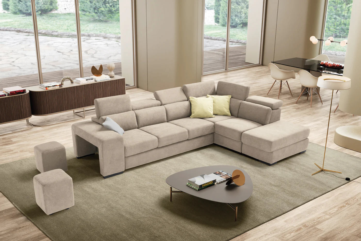 Divano TALENTO 3 posti max, angolo terminale con pouf contenitore