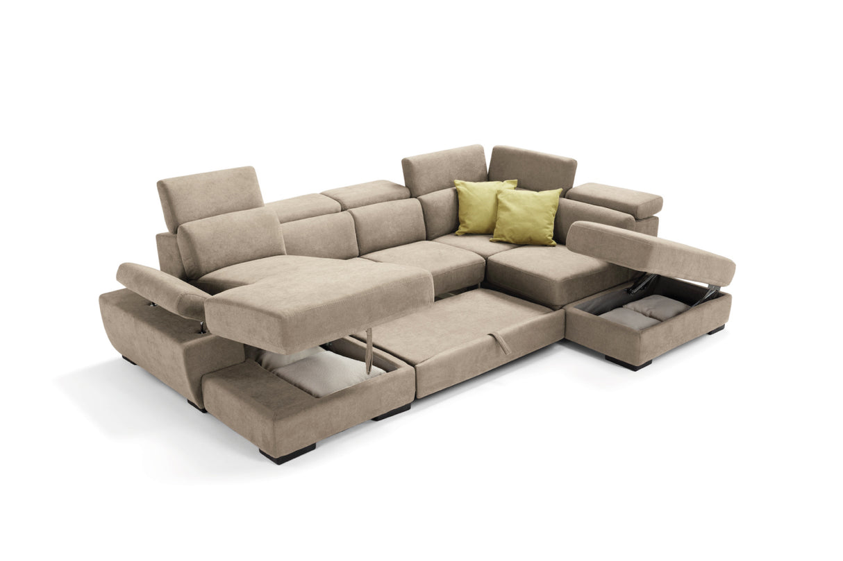 Divano FABIOLA chaise longue 2 posti con angolo terminale e pouf contenitore