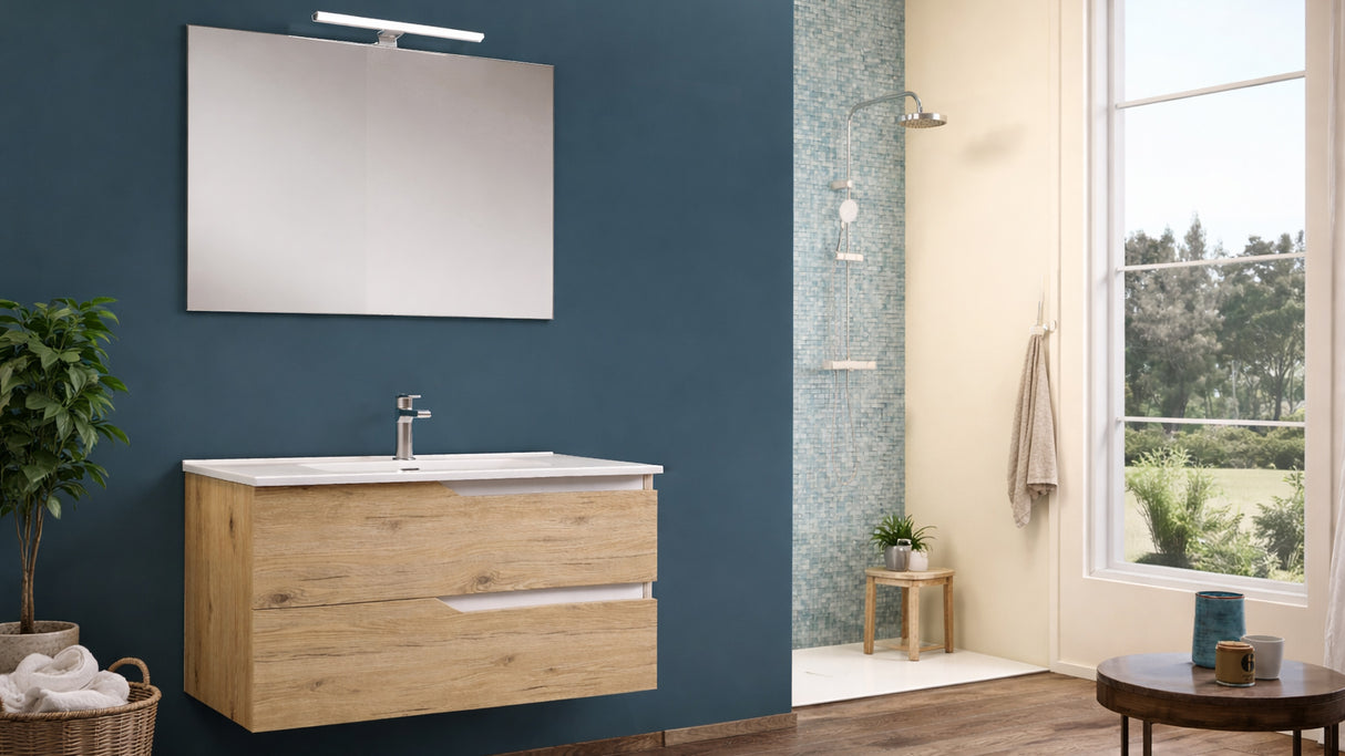 Componibile bagno GRACE 100 Quercia naturale - Bianco Lucido