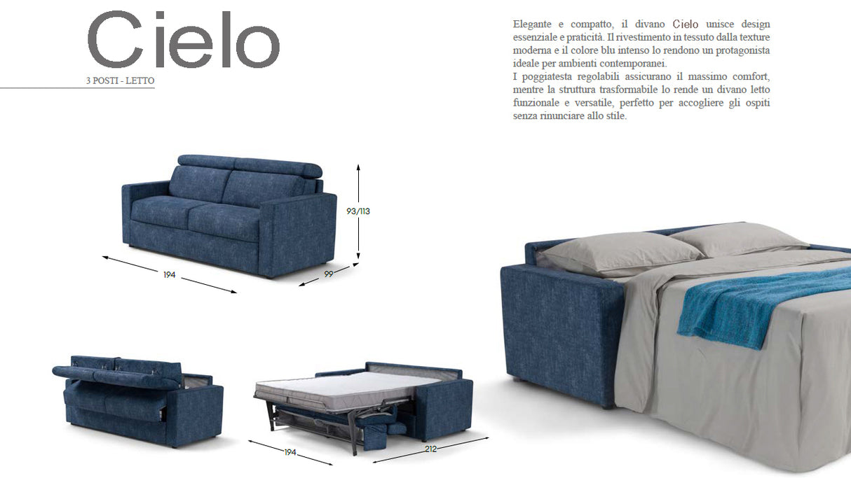 Divano letto mod. cielo 3 posti meccanismo a ribalta POGGIATESTA RECLINABILI e materasso H. 18 cm