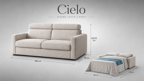 Divano letto mod. cielo 3 posti meccanismo a ribalta POGGIATESTA RECLINABILI e materasso H. 18 cm