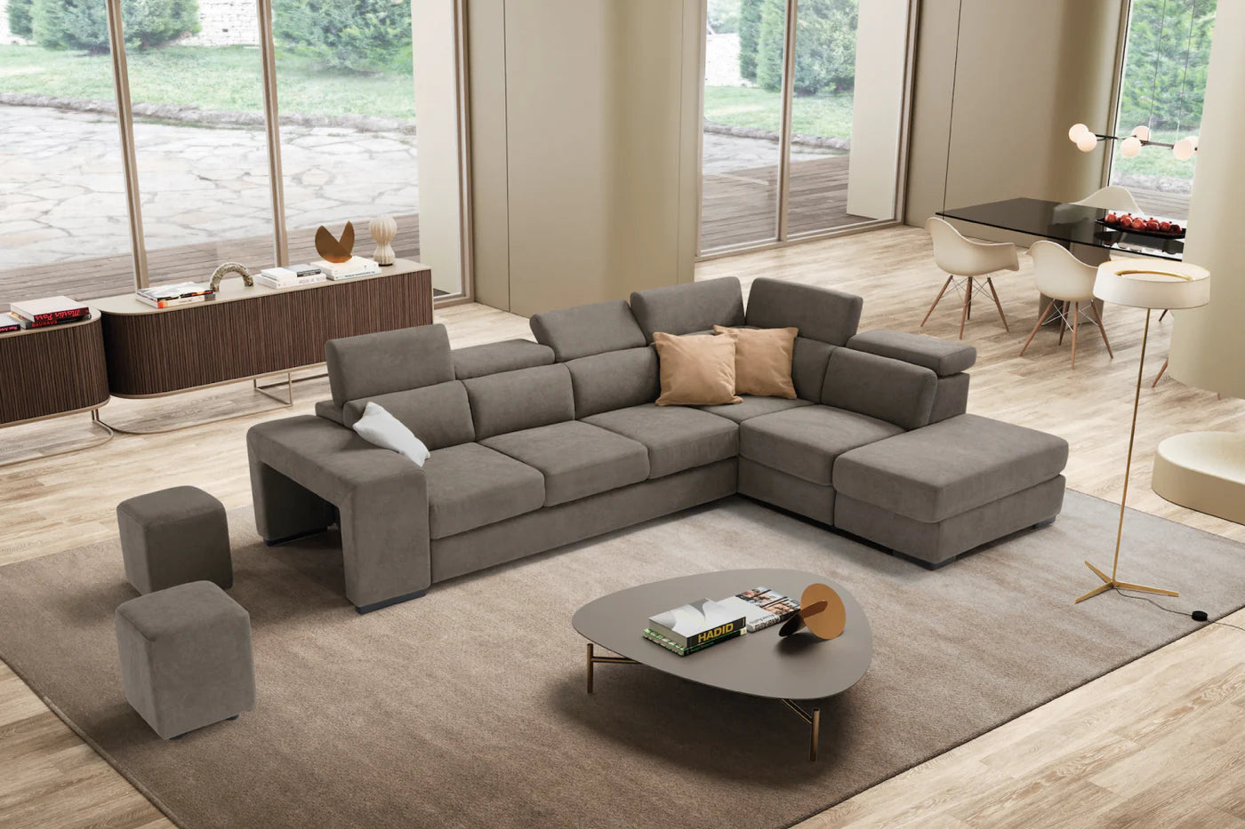 Divano TALENTO 3 posti max, angolo terminale con pouf contenitore