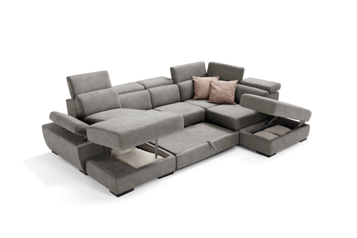 Divano FABIOLA chaise longue 2 posti con angolo terminale e pouf contenitore