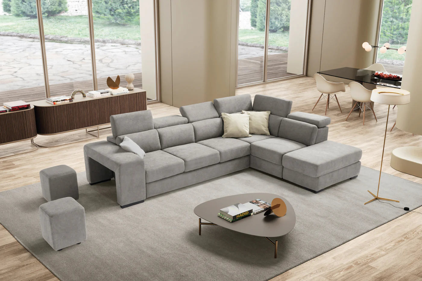 Divano TALENTO 3 posti max, angolo terminale con pouf contenitore