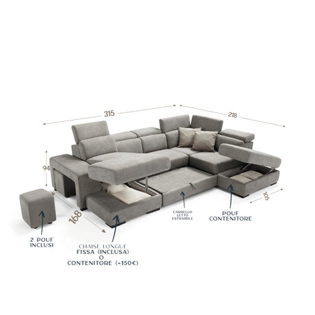 Divano MAXI CARLOTTA chaise longue 2 posti con angolo terminale e pouf contenitore