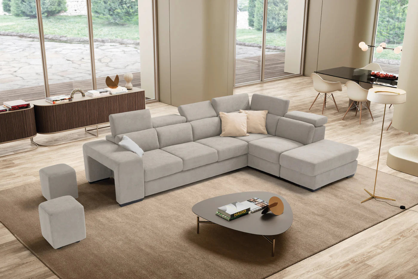 Divano TALENTO 3 posti max, angolo terminale con pouf contenitore