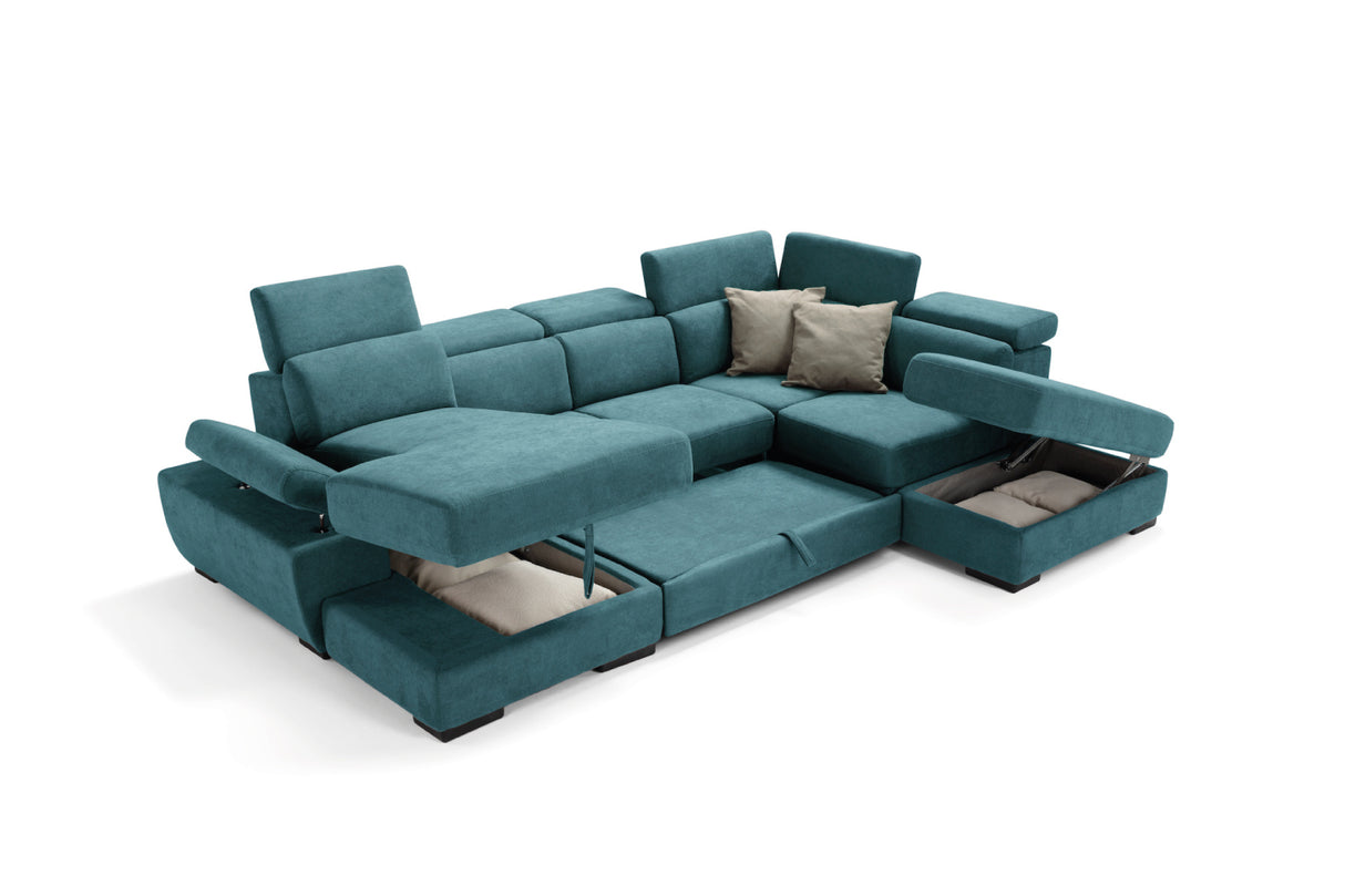 Divano FABIOLA chaise longue 2 posti con angolo terminale e pouf contenitore