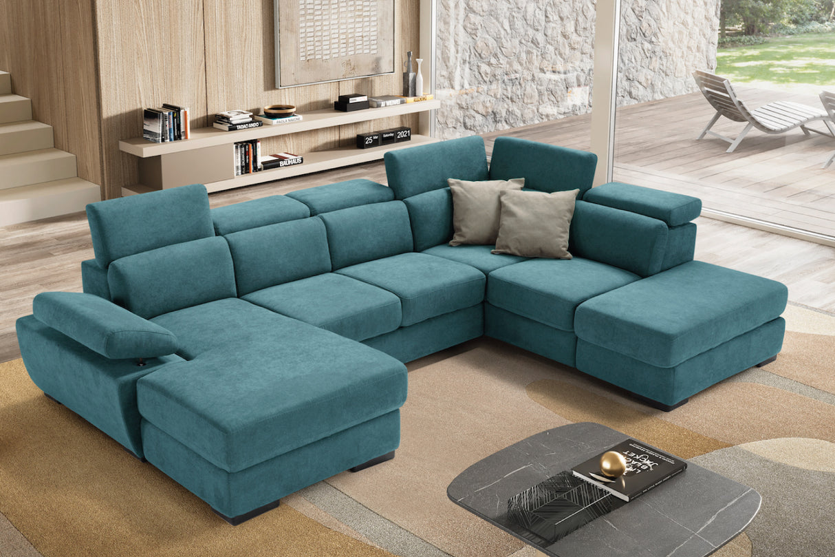 Divano FABIOLA chaise longue 2 posti con angolo terminale e pouf contenitore