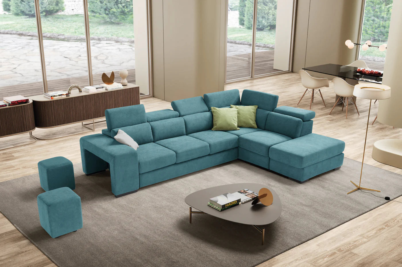 Divano TALENTO 3 posti max, angolo terminale con pouf contenitore