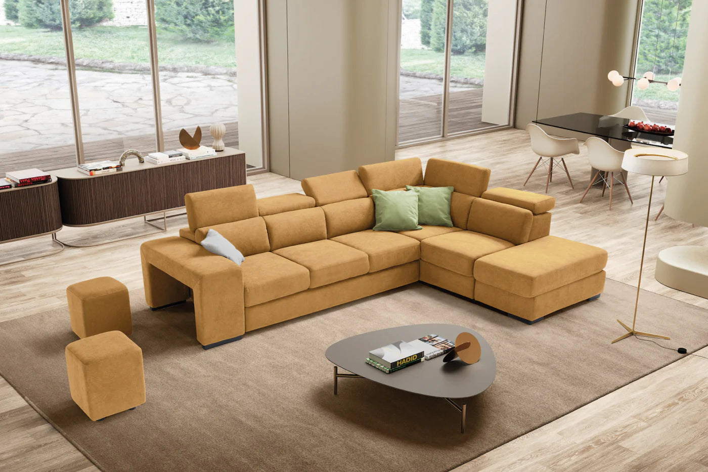 Divano TALENTO 3 posti max, angolo terminale con pouf contenitore