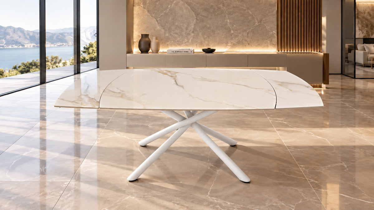 Tavolo Allungabile EASY 130–190 cm – Marmo Calacatta Oro con Gambe Bianche