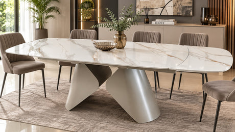 Tavolo Allungabile NETTUNO – Marmo Bianco con Base Champagne 180/260 cm