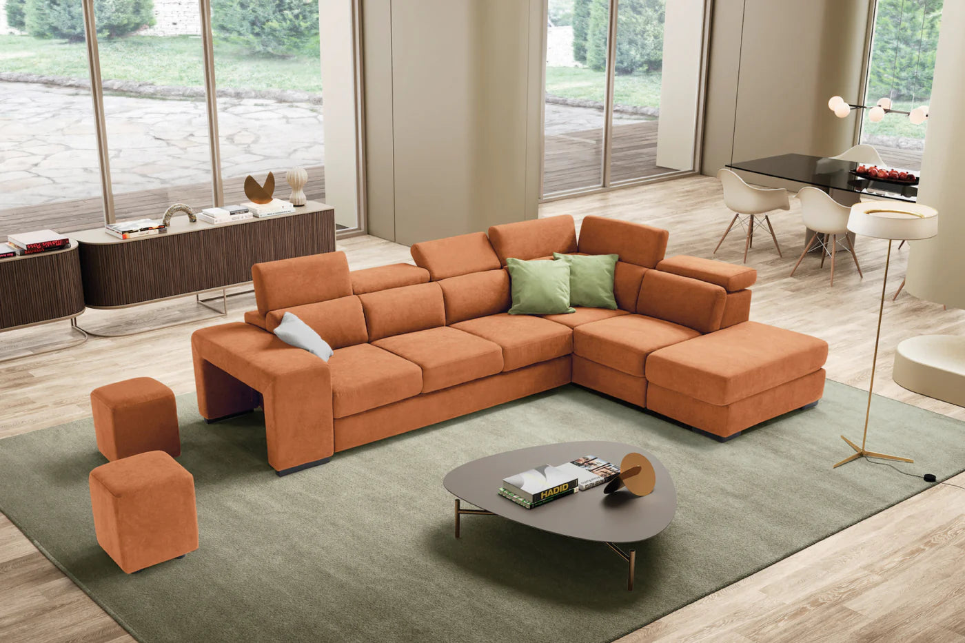 Divano TALENTO 3 posti max, angolo terminale con pouf contenitore